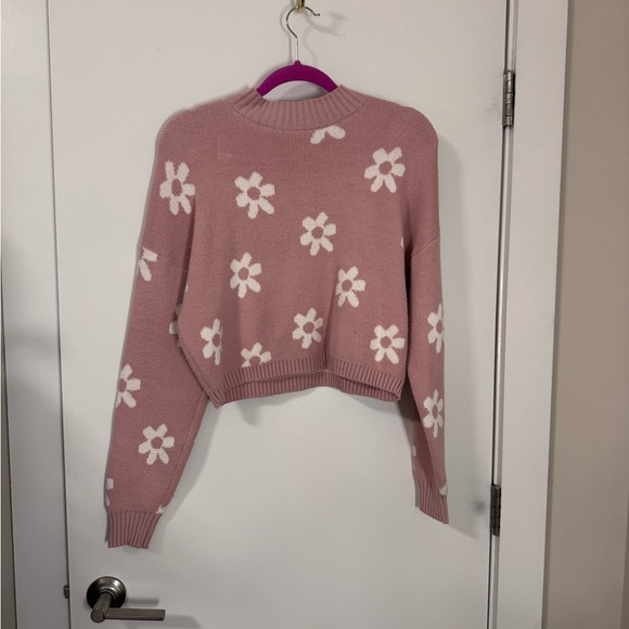 Hollister pink white cropped sweater turtleneck flowers floral blue size M - Picture 3 of 3